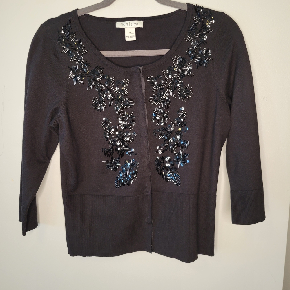 White House Black Market Black Knit Top Size M Elegant Chic Stretch